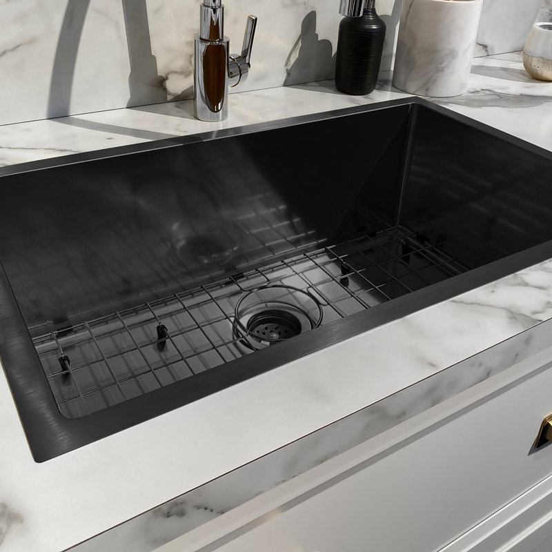 Whitehaus Collection 33" Undermount or Drop-in Single Bowl 16 Gauge Stainless Steel Kitchen Sink Set, Matte Black