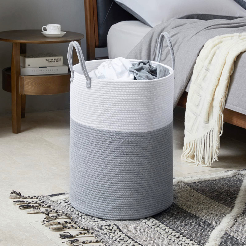 Fabric Laundry Basket with Handles, White/Grey