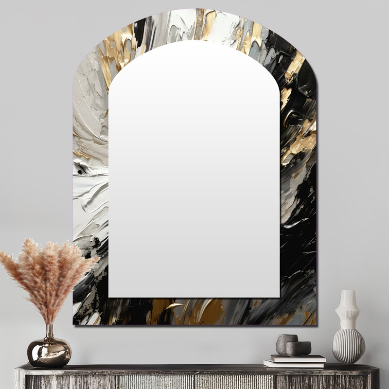 Exquis Darling or abstrait vague sur noir III - peinture abstraite arche miroir mural, grand miroir asymétrique doré, art imprimé en métal