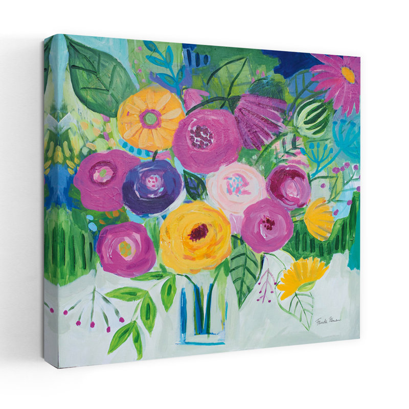 Contemporary Bold Florals With Abstract Blue Art, 32" H x 32" W