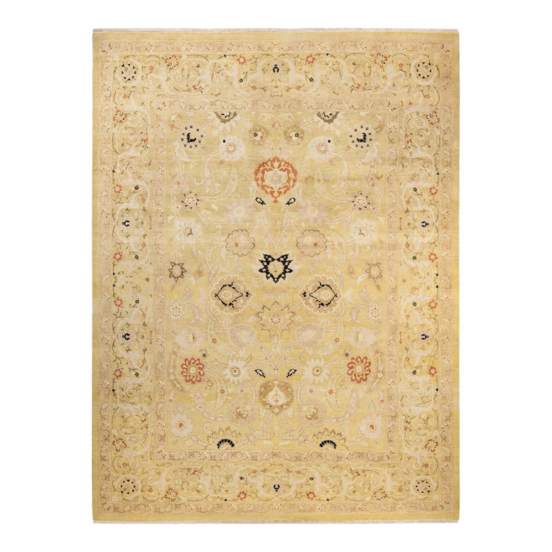 Tapis unique ivoire / lime / pistache noué à la main Trevonne Eclectic 9 pi 3 po x 12 pi 2 po