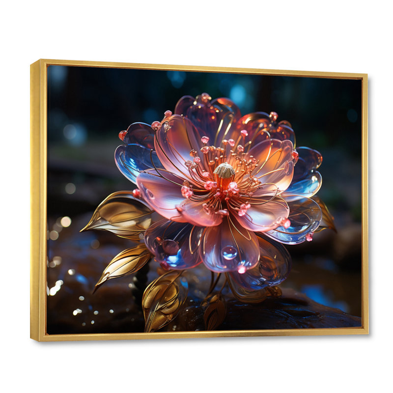 Fleurs de cristal rose sur toile, Cadre flottant doré, H 34 po x l 44 po x P 1,5 po