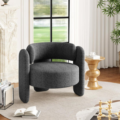 Chaise d'appoint ronde moderne - capacité de 330 lb, conception à 3 pieds et revêtement en chenille (blanc / gris foncé) pour le salon, le bureau, la chambre à coucher