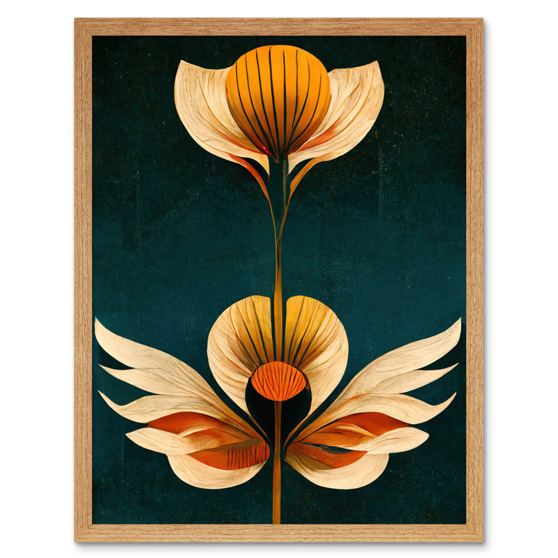 Bold Art Deco Abstract Tulips - Print, 43cm H x 33cm W x 2cm D, Light Brown Framed Paper