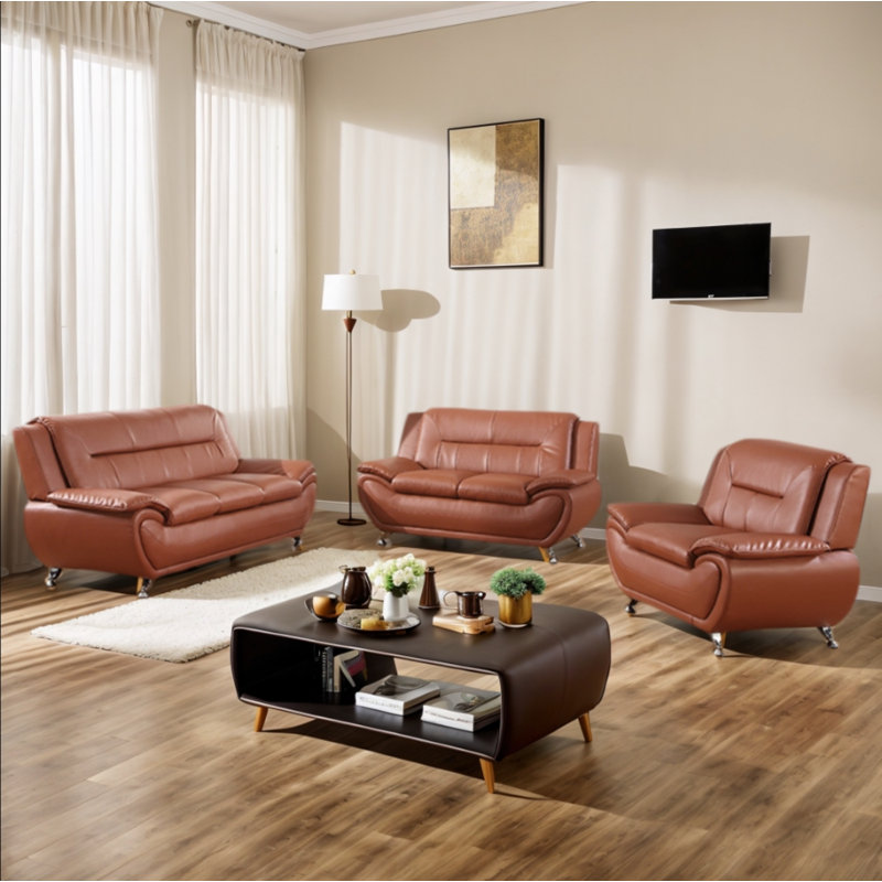 Ensemble de canapé de salon en similicuir 3 pièces Mynika, Brun