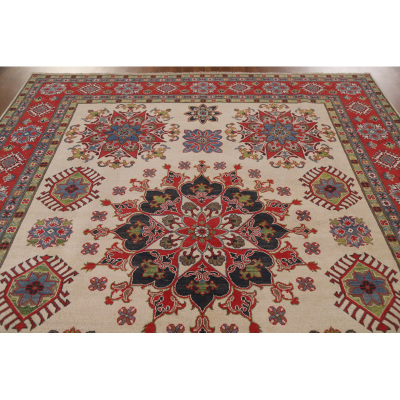 Tapis rectangulaire en laine noué à la main de conception unique 7 pi 10 po x 9 pi 7 po nouvel âge ivoire / rouge / vert