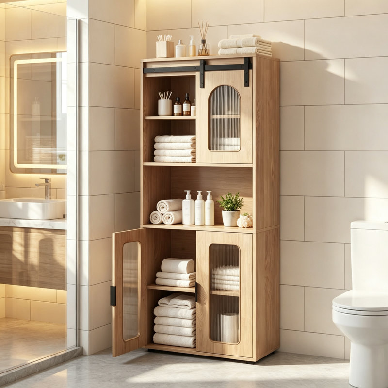 Tall Kitchen Storage Cabinet 150cm, Freestanding Pantry Cupboard with Sliding Barn Door, Open Shelves and Enclosed Storage