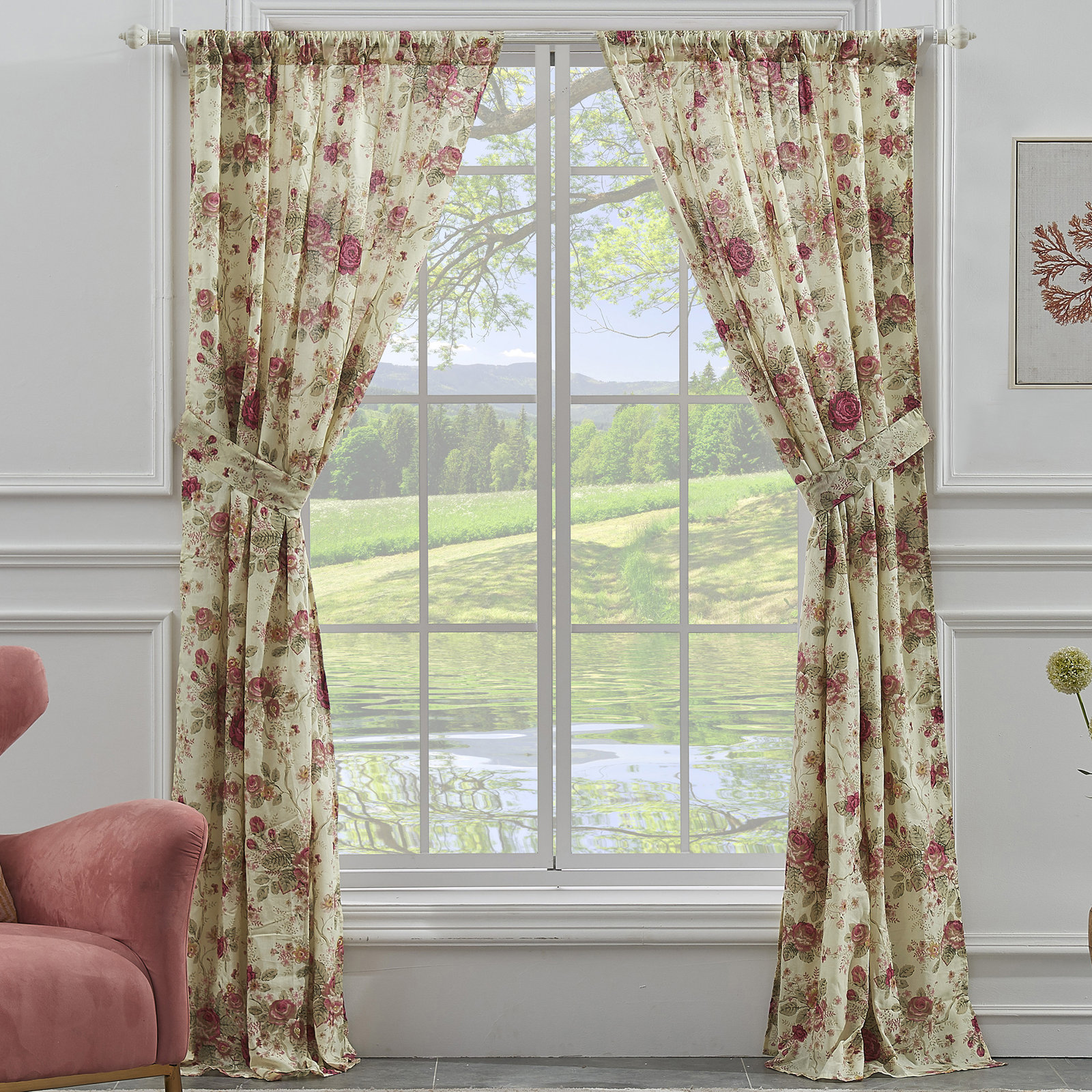 Antique Rose Nature/Floral Sheer Rod Pocket Curtain Panels, Ecru