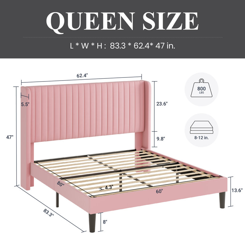 Elegant Pink Velvet Queen Bed with Tufted Wingback Headboard