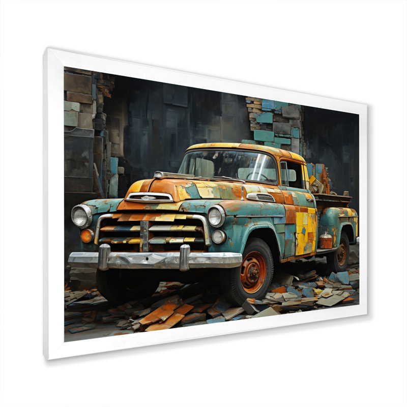 Camionnette Collage Popart, 30" H x 40" W, White Picture Framed