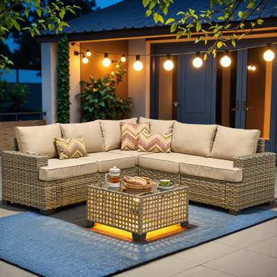 Tommy Modular 5-Person Wicker Patio Sectional with Cushions and Glass Table