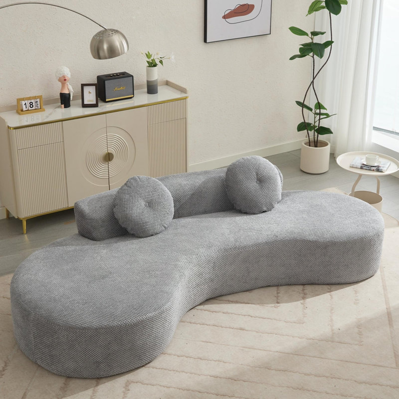 Canapé incurvé modulaire en nuage avec velours côtelé et deux coussins, Tissu gris, Gris