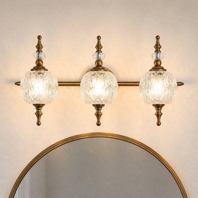 3-Light Antique Brass Bathroom Vanity Light, Cut Clear Glass Wall Sconce, G9 Base