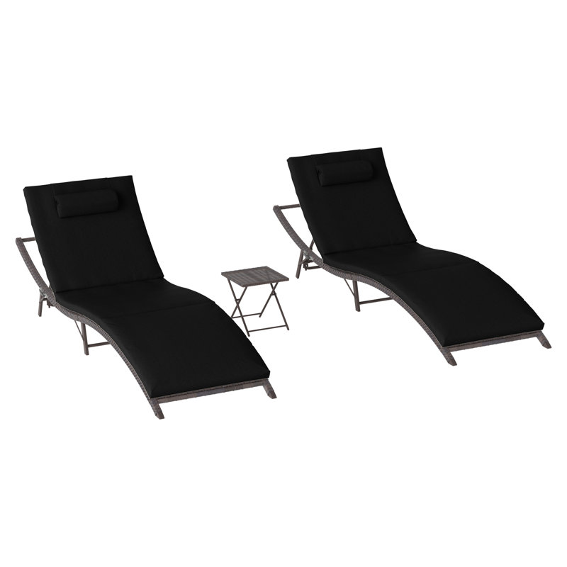2-Piece Foldable "S"-Shaped Reclining Chaise Lounge Set With Adjustable Backrest And Foldable Rattan Coffee Table, Black