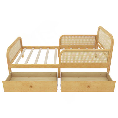 Twin Size Platform Bed Frame with 2 Storage Drawers, Kids Rattan Bed with Headboard and Footboard