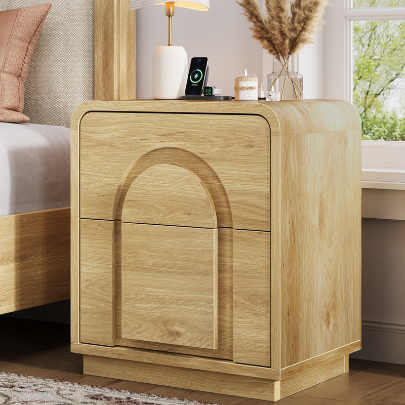 Table de chevet arquée moderne 23,6 po avec 2 tiroirs de rangement et station de charge, table de chevet en bois de chêne naturel l 20,5 po avec ensemble incurvé (ensemble de 2)