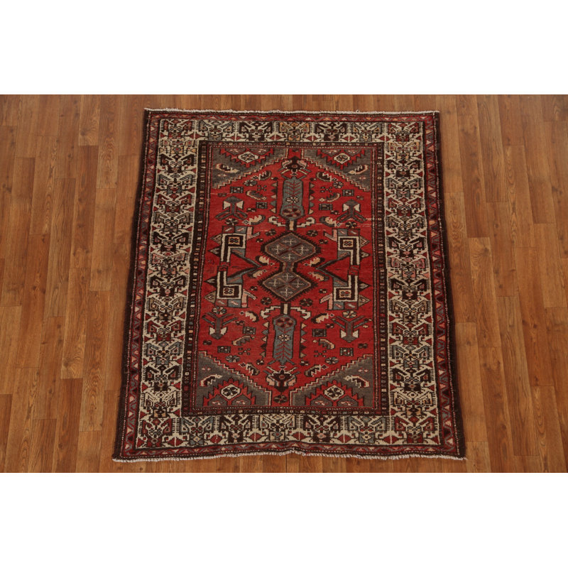 Tapis tribal rouge en laine noué à la main 4 x 5