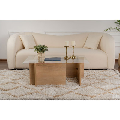 Table basse moderne avec plateau en verre trempé, couleur travertin, 105 x 40 x 65 cm, cadre 100% mélaminé, conception en marbre, pour le salon et les espaces contemporains