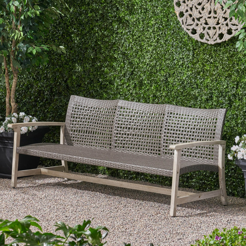 Outdoor Acacia Wood Wicker 3 Seater Sofa, Patio Furniture Conversation Set for Backyard, Gray