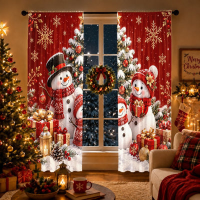 2Pcs Christmas Snowman Curtains Light Filtering Rod Pocket Window Drapes for Living Room Bedroom Kitchen, Festive Winter Holiday Decorations