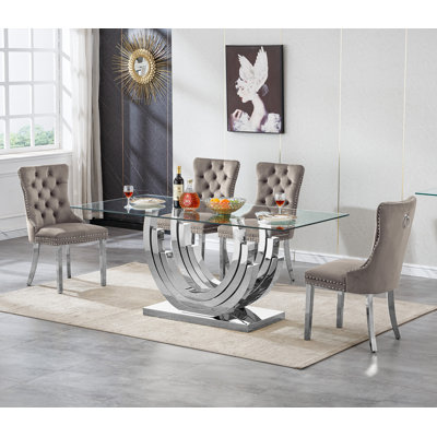 Modern Glass Dining Table Set, Clear Glass Dining Table with Stainless Steel Pedestal & Dining Chairs, 70" Rectangle Dining Room Table and Chairs Set, Luxury Kitchen Table Set