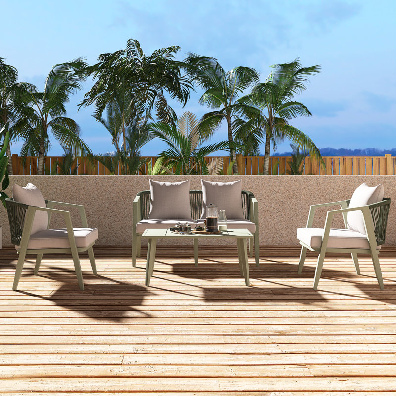 Ensemble de conversation extérieure avec table et coussins, Beige, Vert