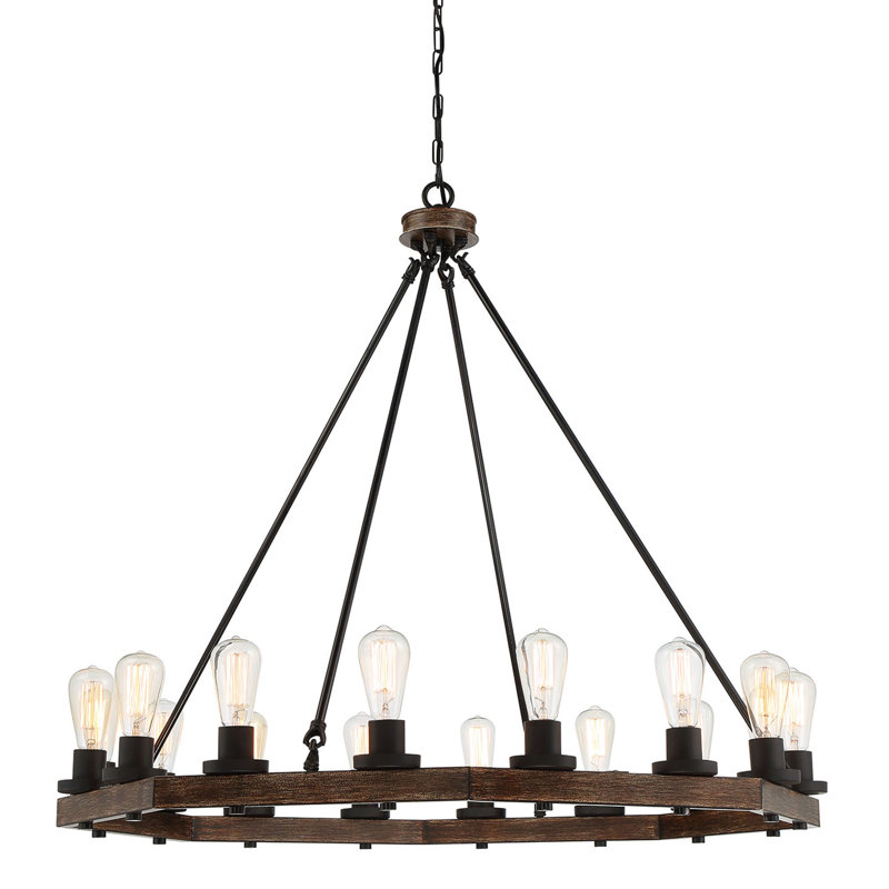 Lustre en forme de roue de bougie à 16 lumières avec accents en bois Ramel
