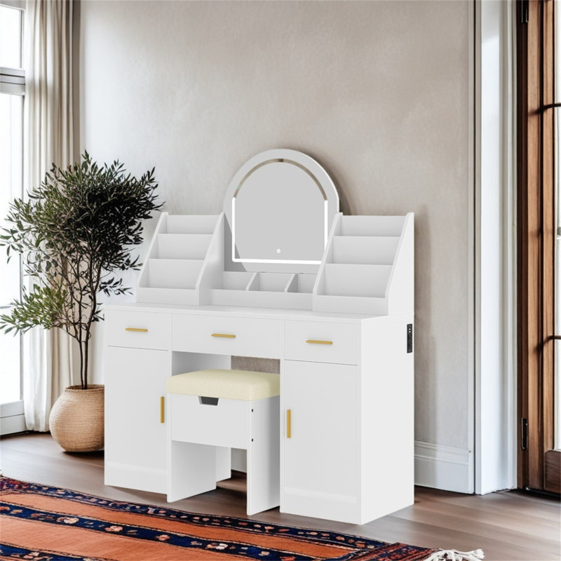 Vanity With Mirrored Lighting And Padded Storage Stool