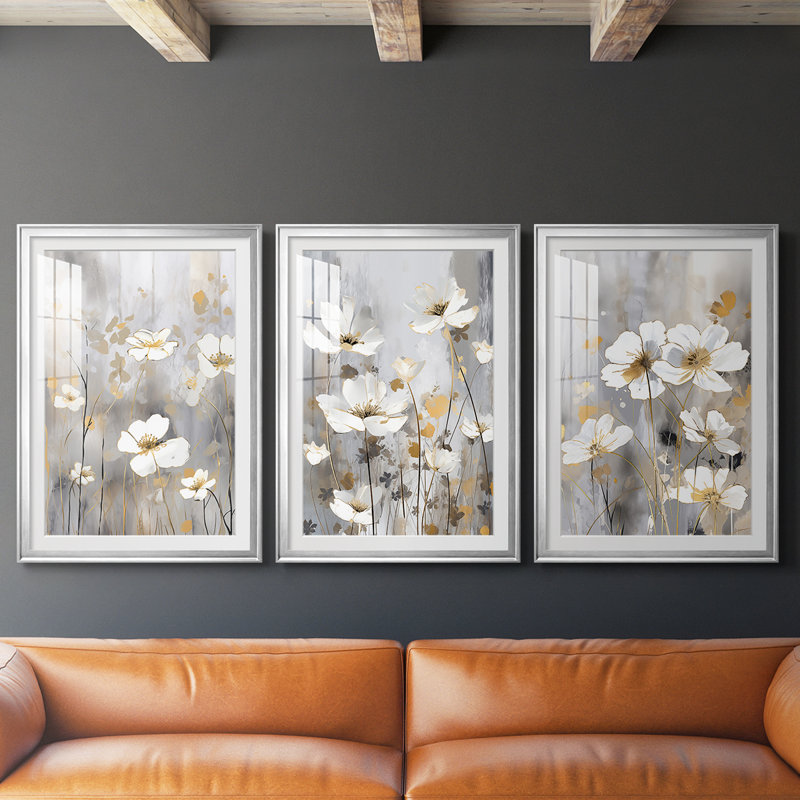 FLORAL Series CDxxxi - Impression sur mesure encadrée de qualité supérieure - 3 pièces, Argent argent, H 19 po x l 27 po