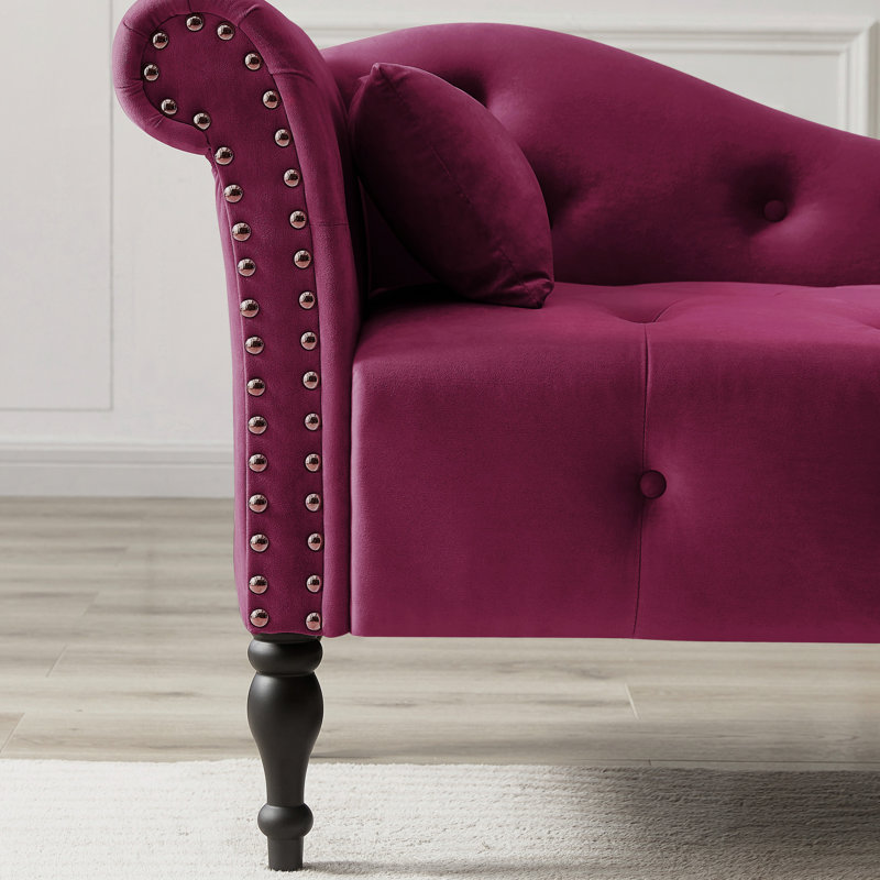Confort - Chaise longue en velours bourgogne de 60,6 po avec boutons, garniture cloutée, pieds en bois massif et plumes douces
