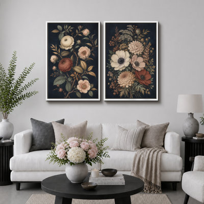 Illustration de bouquet de fleurs foncé foncé, images de chambre à coucher, impression sur toile encadrée, 2 pièces