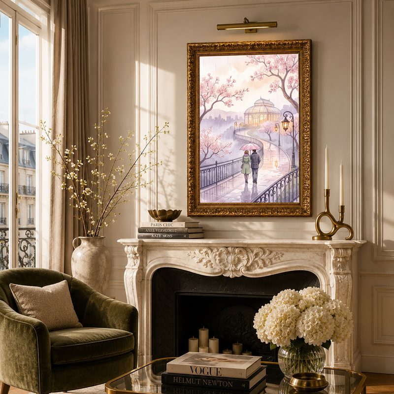 Couple qui marche sous un parapluie rose dans un parc de fleurs de cerisier, art mural, 30"H x 20"W