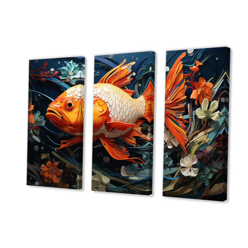 Géométrique, poisson orange I - animaux, ensemble d'impressions sur toile, H 28 po x l 36 po x P 1 po