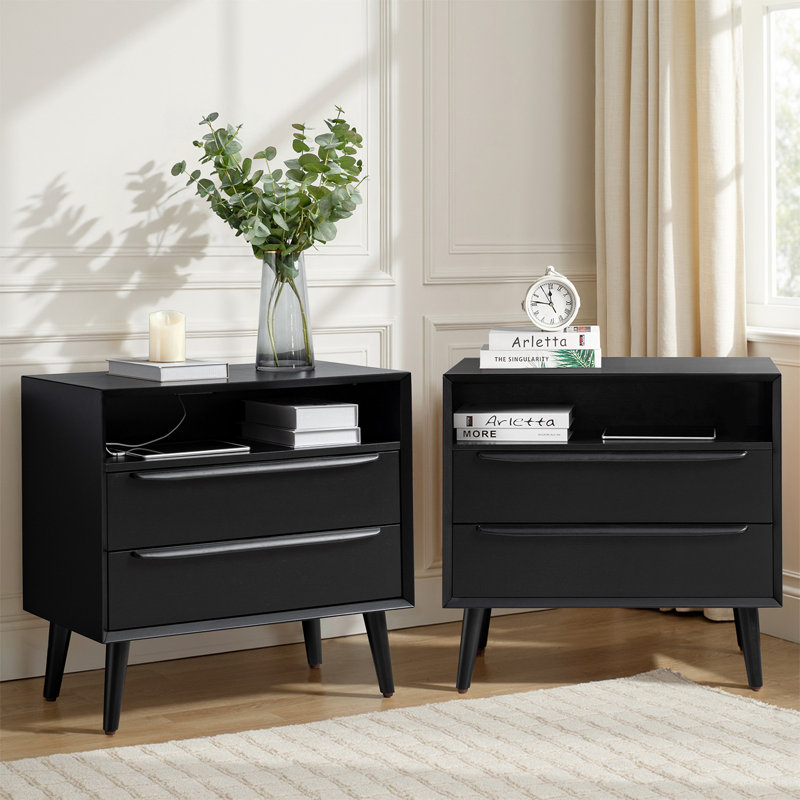 Aviannah Midcentury Modern 2-Drawer Nightstand With Built-In Charging Station And Rubber Wood Legs And Open Shelf (Set of 2)