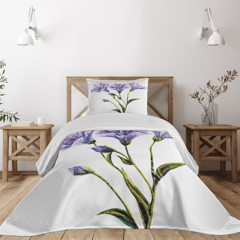 Queen White and Violet Floral Polyester Bedspread Set