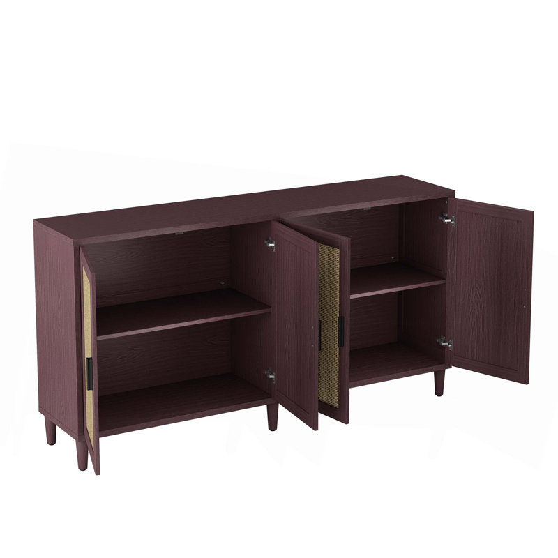 Rattan Buffet Cabinet With Storage, 4-Door Sideboard Buffet Cabinet With Adjustable Shelves For Kitchen, Living Room And Dining Room, Easy Assembly