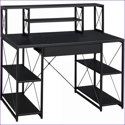 Bureau moderne de 47,5 po de largeur avec bureau et bureau Tablettes ouvertes | Noir | Bois et métal