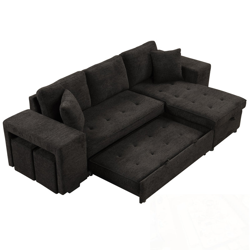 L-Shape Sectional Sofa with Storage Chaise and 2 Stools, Charcoal Grey