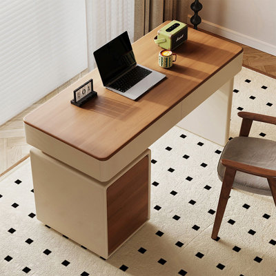 Bureau rectangulaire à 2 tiroirs en bois manufacturé brun noisette + blanc crème