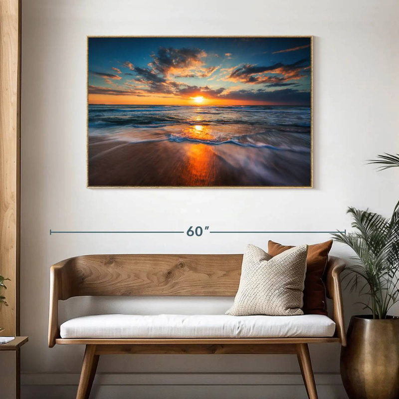 Été, océan, lever de soleil, Cadre flottant en bois naturel, 46 po x 31 po