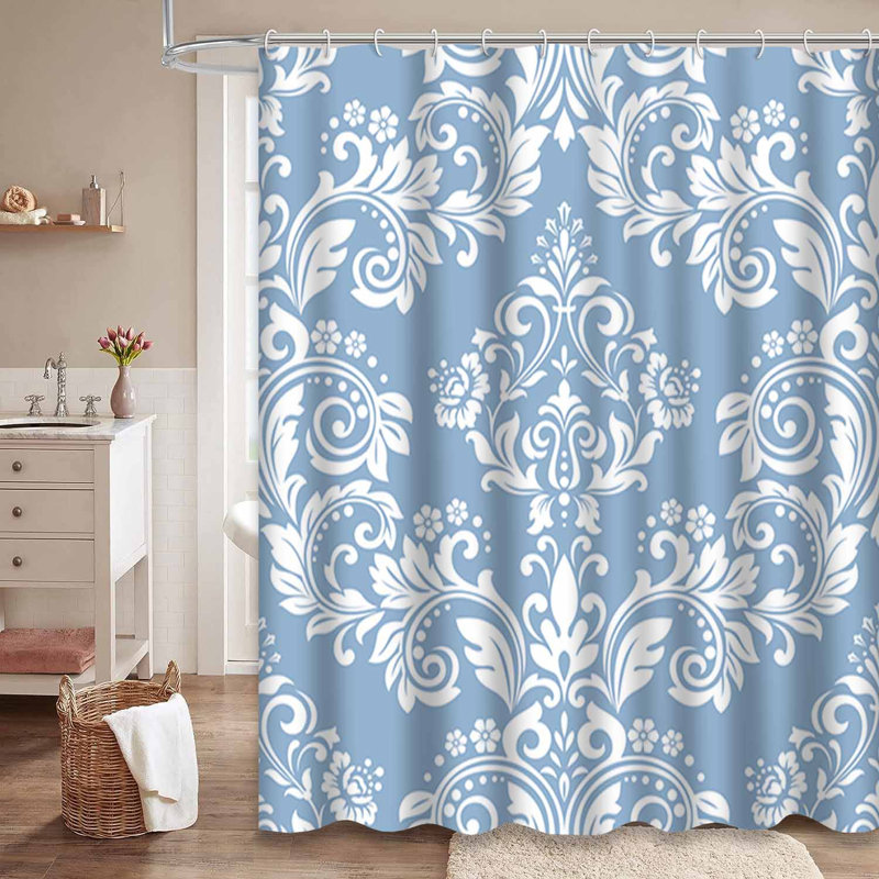 Rideau de douche à motif floral damassé blanc et bleu avec 12 crochets, L 72 po x l 84 po