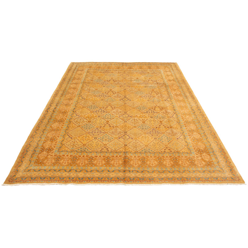 Tapis unique en laine noué à la main style kaki clair nouvel âge 10 pi x 13 pi 8 po Ushak