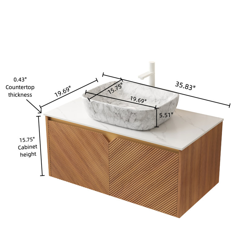 Meuble-lavabo de 36 po: armoire flottante en contreplaqué, portes doubles en sergé, lavabo en céramique de marbre, comptoir en pierre frittée blanche de 36 po avec vasque en bois massif et plateau de rangement