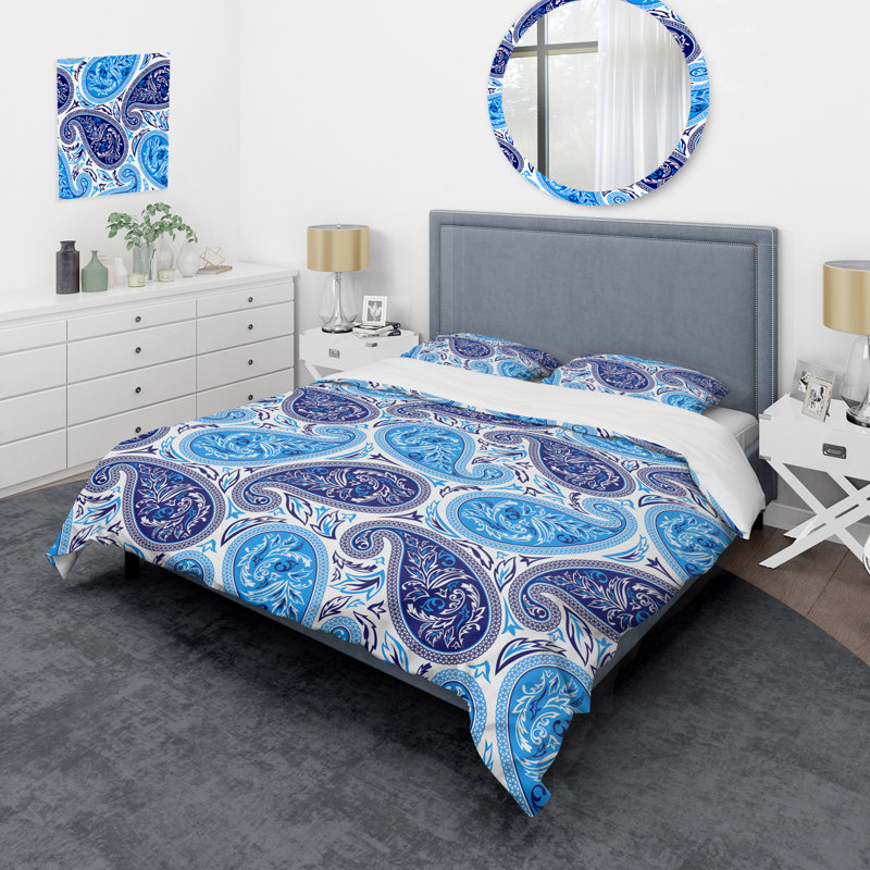 Ensemble de housse de couette à motif cachemire bleu et blanc, Housse de couette pour grand lit et 2 taies décor