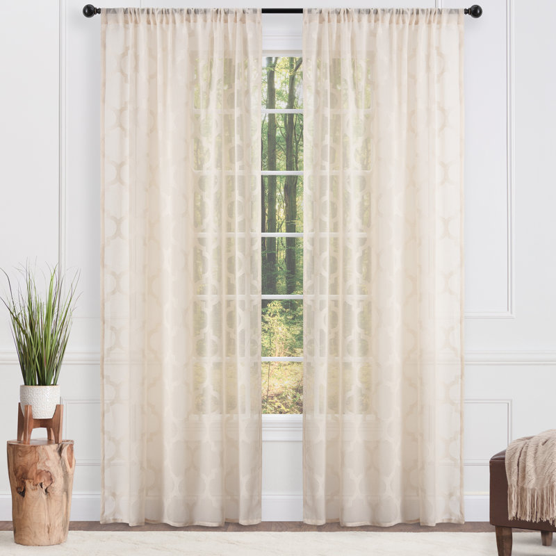 Rideau géométrique semi-transparent avec passe-tringle, Beige, L 52 po x L 96 po