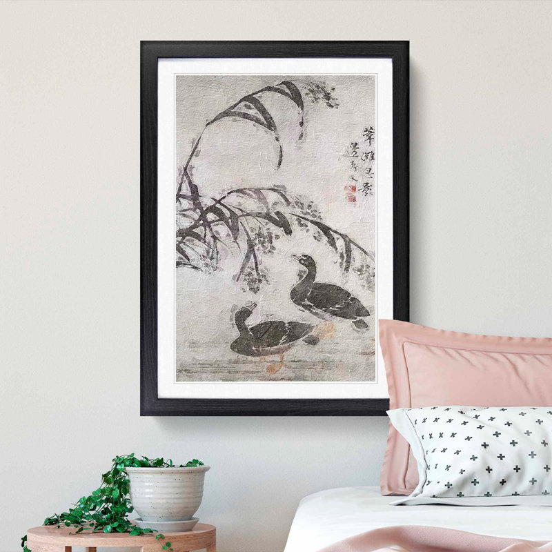 Two Wild Geese by Bian Shoumin - Picture Frame Painting Print, 36cm H x 27cm W x 2cm D, Black Framed