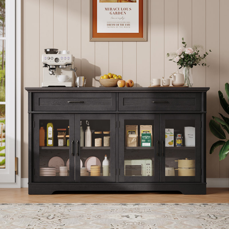 Buffet 60 "avec 4 portes en verre et 2 tiroirs, Noir, noir, noir, noir