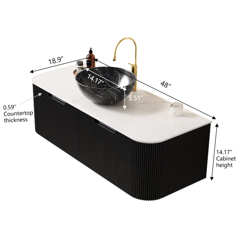 Meuble-lavabo de 48 po avec lavabo, meuble de rangement, lavabo en céramique noire, motif en pierre, rangement haute résistance de 48 po, bol rayé en 3D, préinstallé, fonctionnement silencieux du tiroir