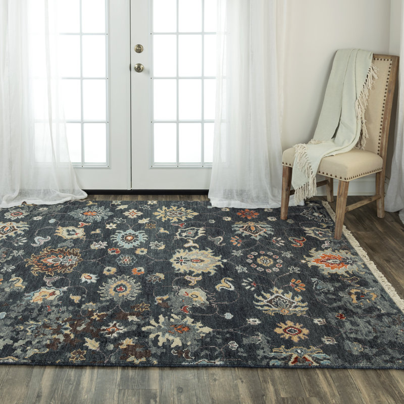 Tapis floral gris anthracite en laine noué à la main, Rectangle 9 pi x 12 pi