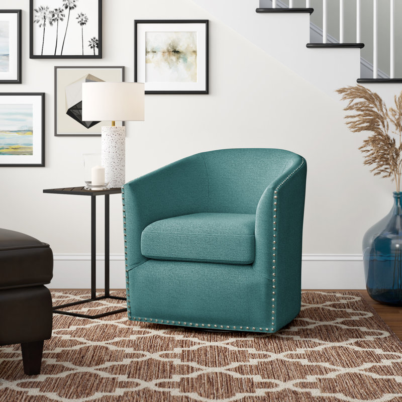 Tyler 360° Swivel Barrel Chair with Nailhead Trim, Teal Polyester